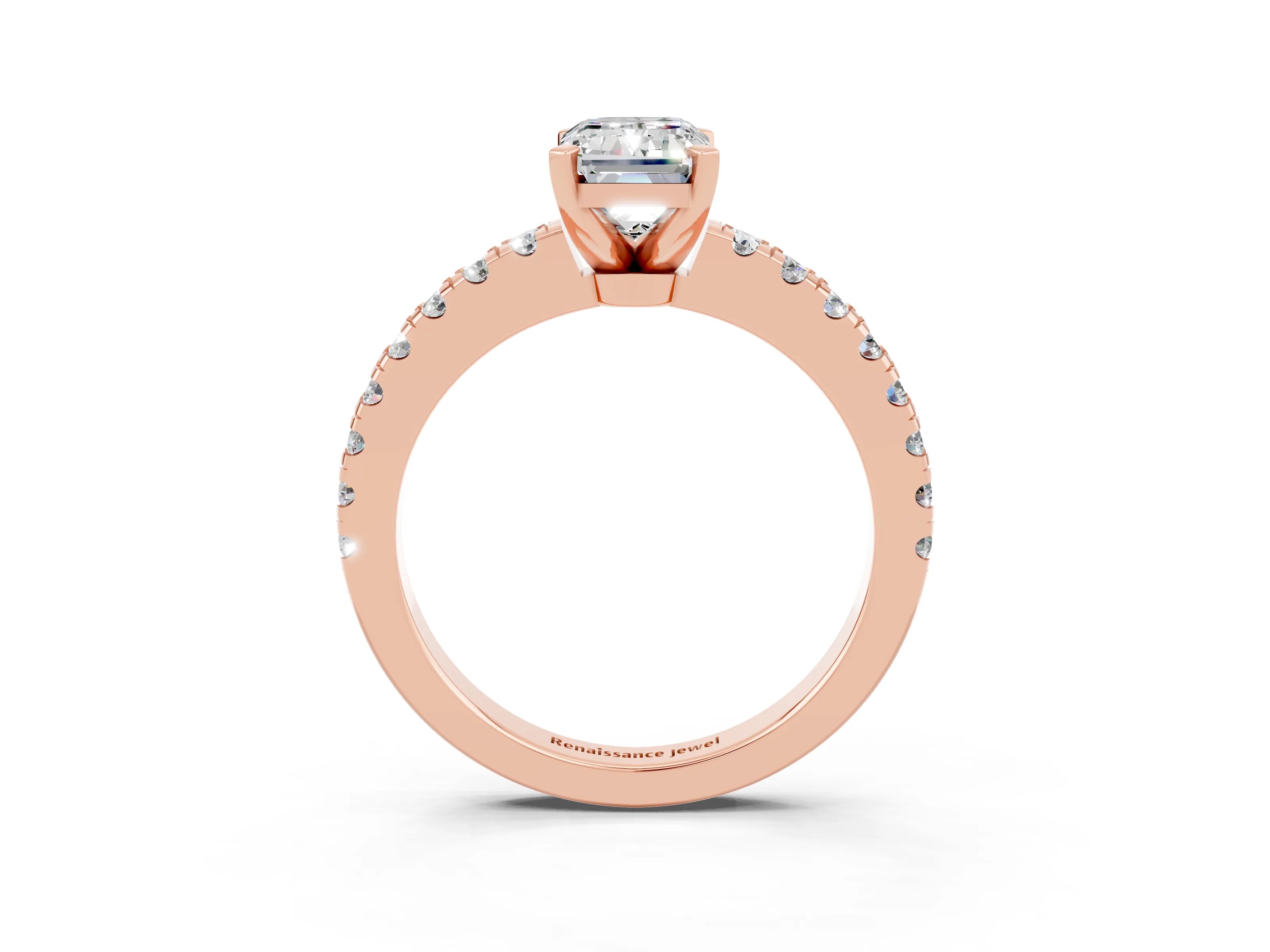 Rose gold Emerald Cut Solitaire Diamond with Pavé Band and Four-Prong Setting_3