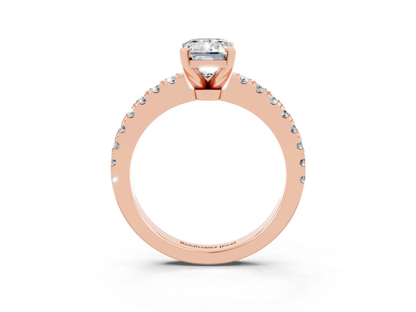 Rose gold Emerald Cut Solitaire Moissanite with Pavé Band and Four-Prong Setting