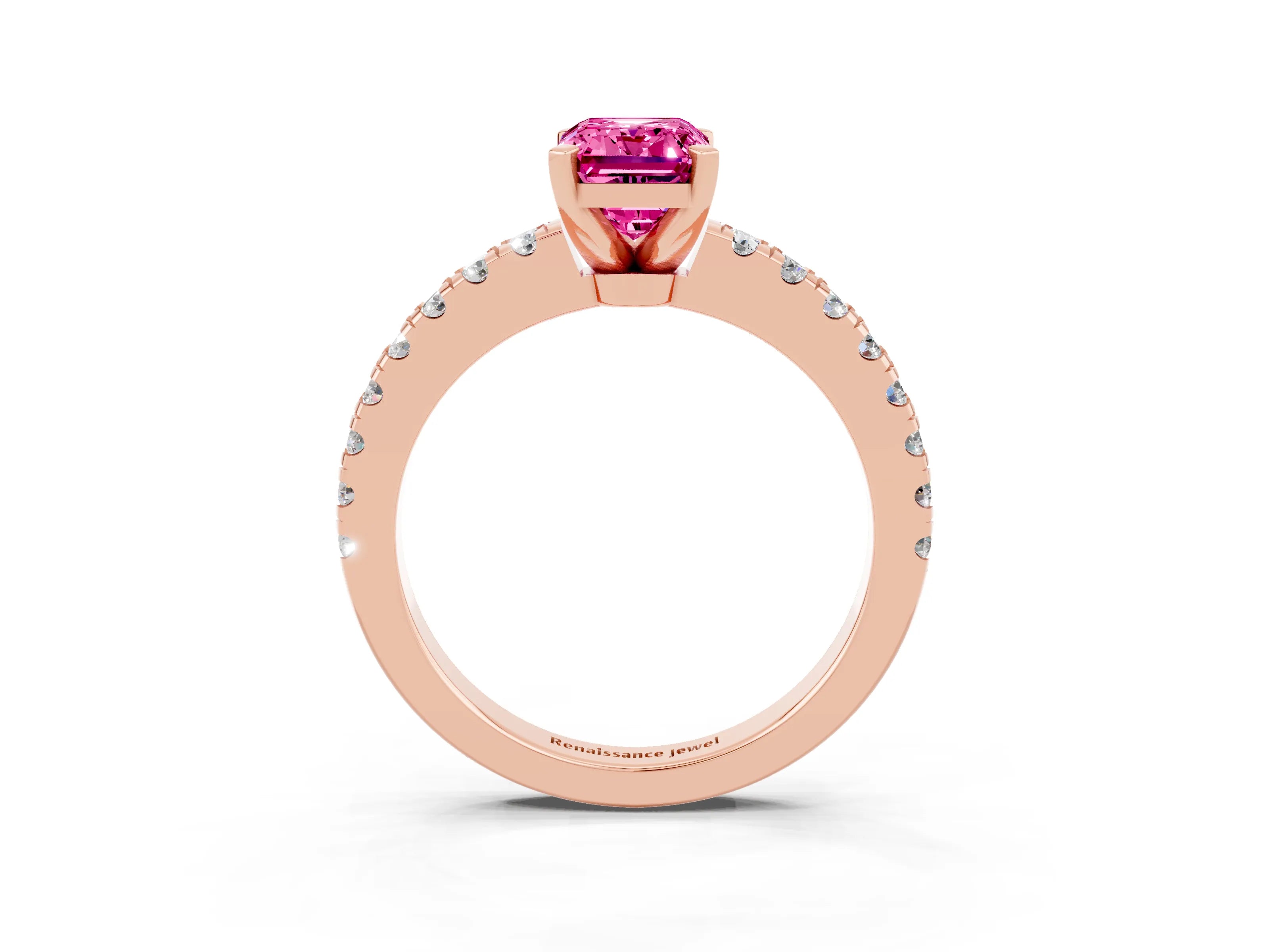 Rose gold Emerald Cut Solitaire Diamond with Pavé Band and Four-Prong Setting_3