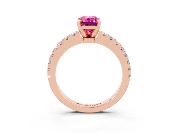 Rose gold Emerald Cut Solitaire Pink Sapphire with Pavé Band and Four-Prong Setting