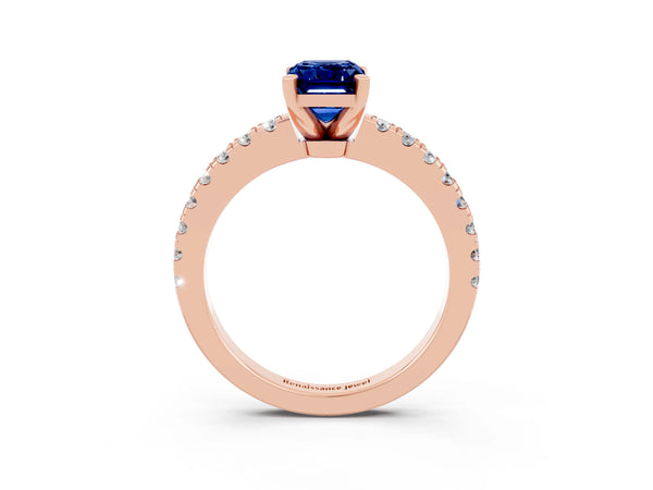 Rose gold Emerald Cut Solitaire Blue Sapphire with Pavé Band and Four-Prong Setting