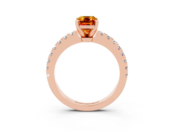 Rose gold Emerald Cut Solitaire Citrine with Pavé Band and Four-Prong Setting