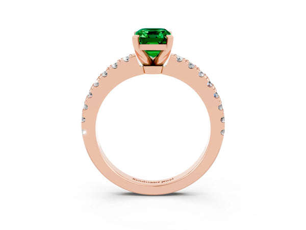 Rose gold Emerald Cut Solitaire Emerald with Pavé Band and Four-Prong Setting