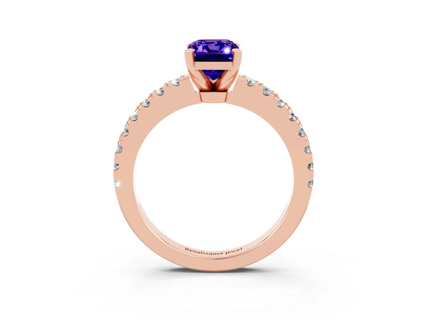 Rose gold Emerald Cut Solitaire Tanzanite with Pavé Band and Four-Prong Setting