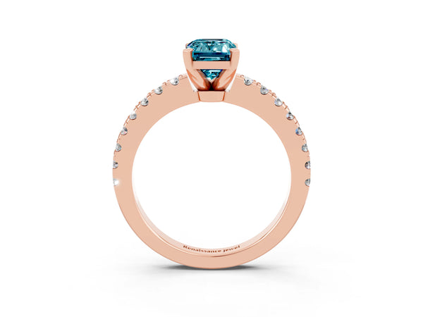Rose gold Emerald Cut Solitaire Diamond with Pavé Band and Four-Prong Setting