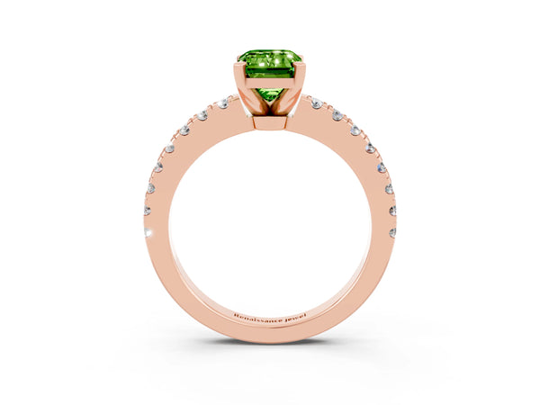 Rose gold Emerald Cut Solitaire Peridot with Pavé Band and Four-Prong Setting