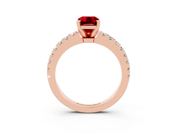 Rose gold Emerald Cut Solitaire Ruby with Pavé Band and Four-Prong Setting