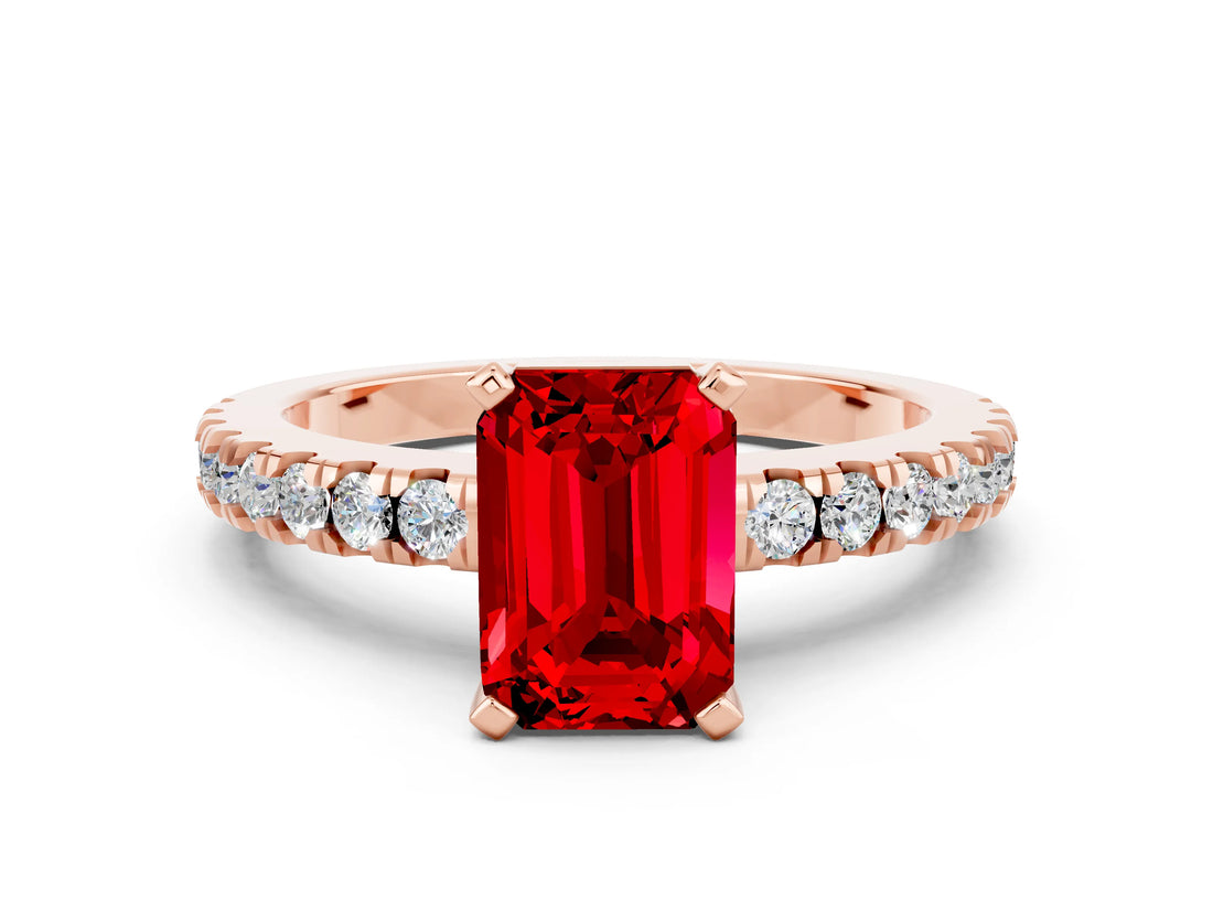 Rose gold Emerald Cut Solitaire Diamond with Pavé Band and Four-Prong Setting