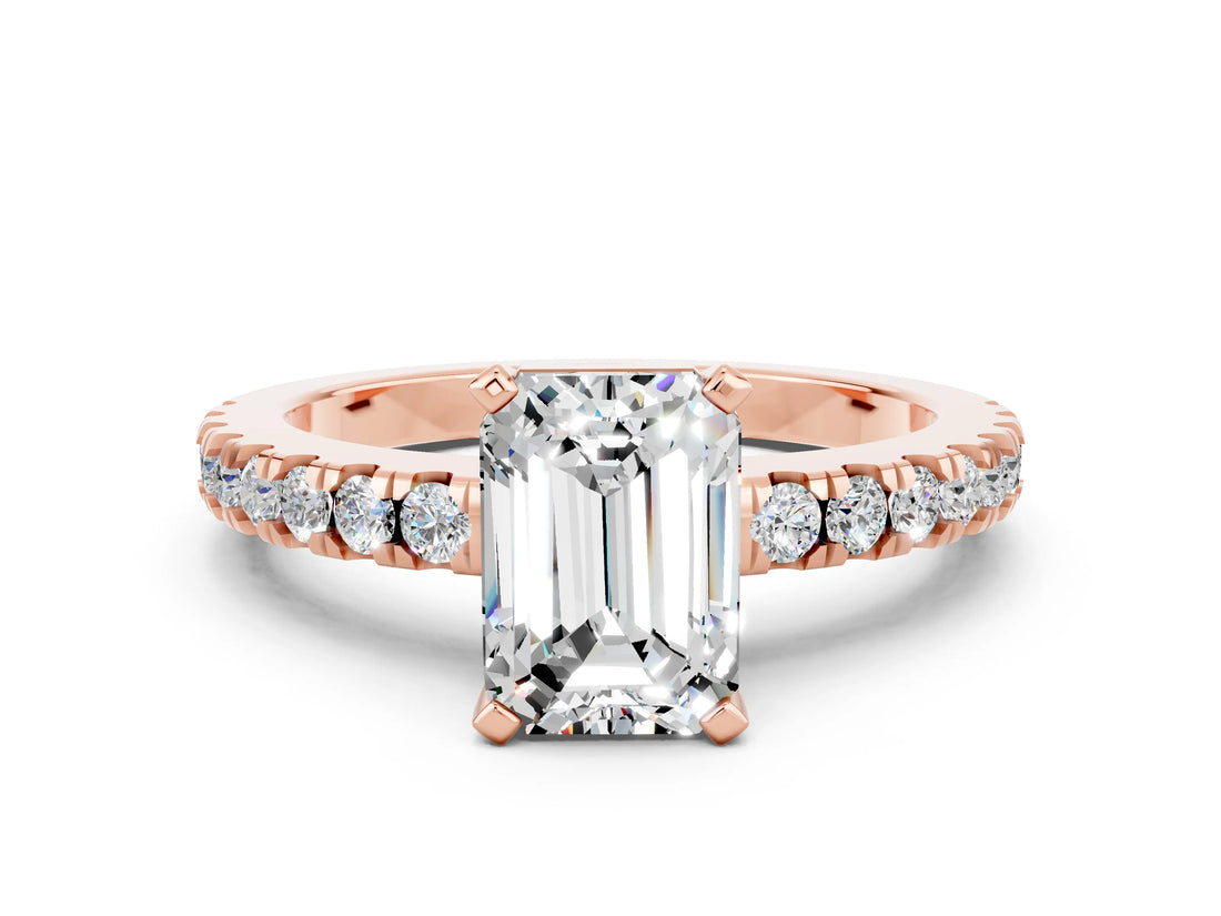 Rose gold Emerald Cut Solitaire Diamond with Pavé Band and Four-Prong Setting