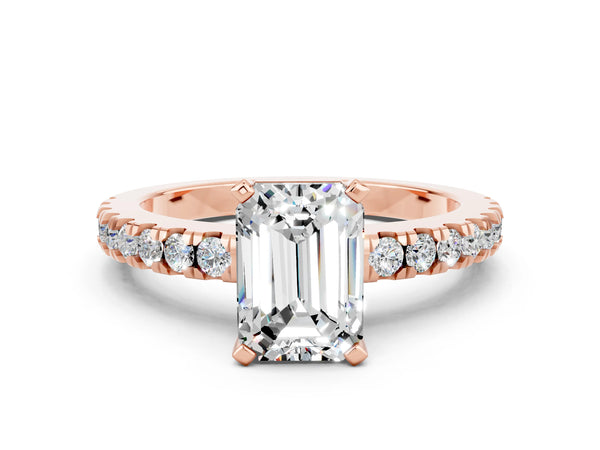 Rose gold Emerald Cut Solitaire Moissanite with Pavé Band and Four-Prong Setting
