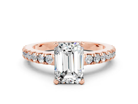 Rose gold Emerald Cut Solitaire Diamond with Pavé Band and Four-Prong Setting