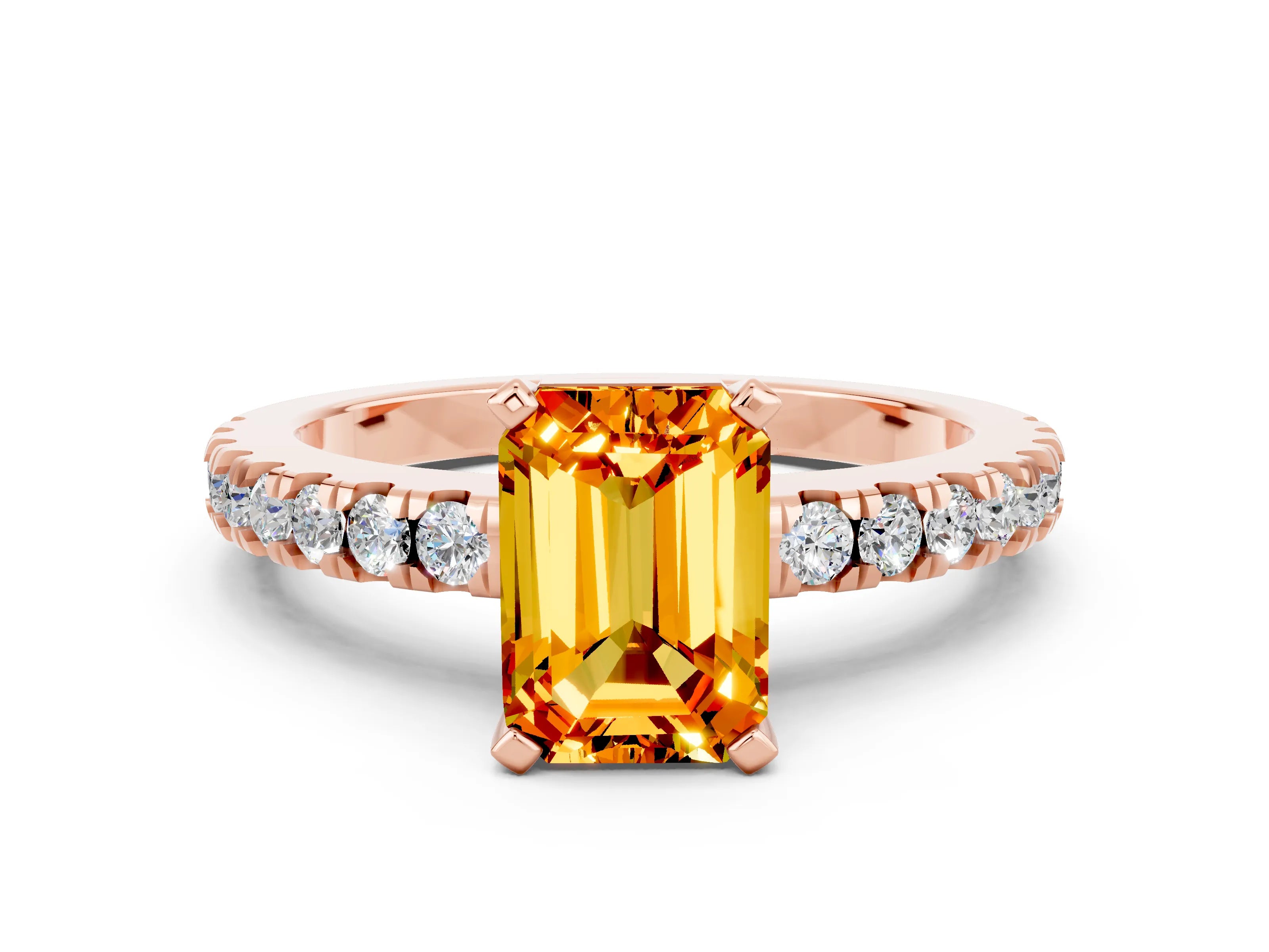 Rose gold Emerald Cut Solitaire Diamond with Pavé Band and Four-Prong Setting