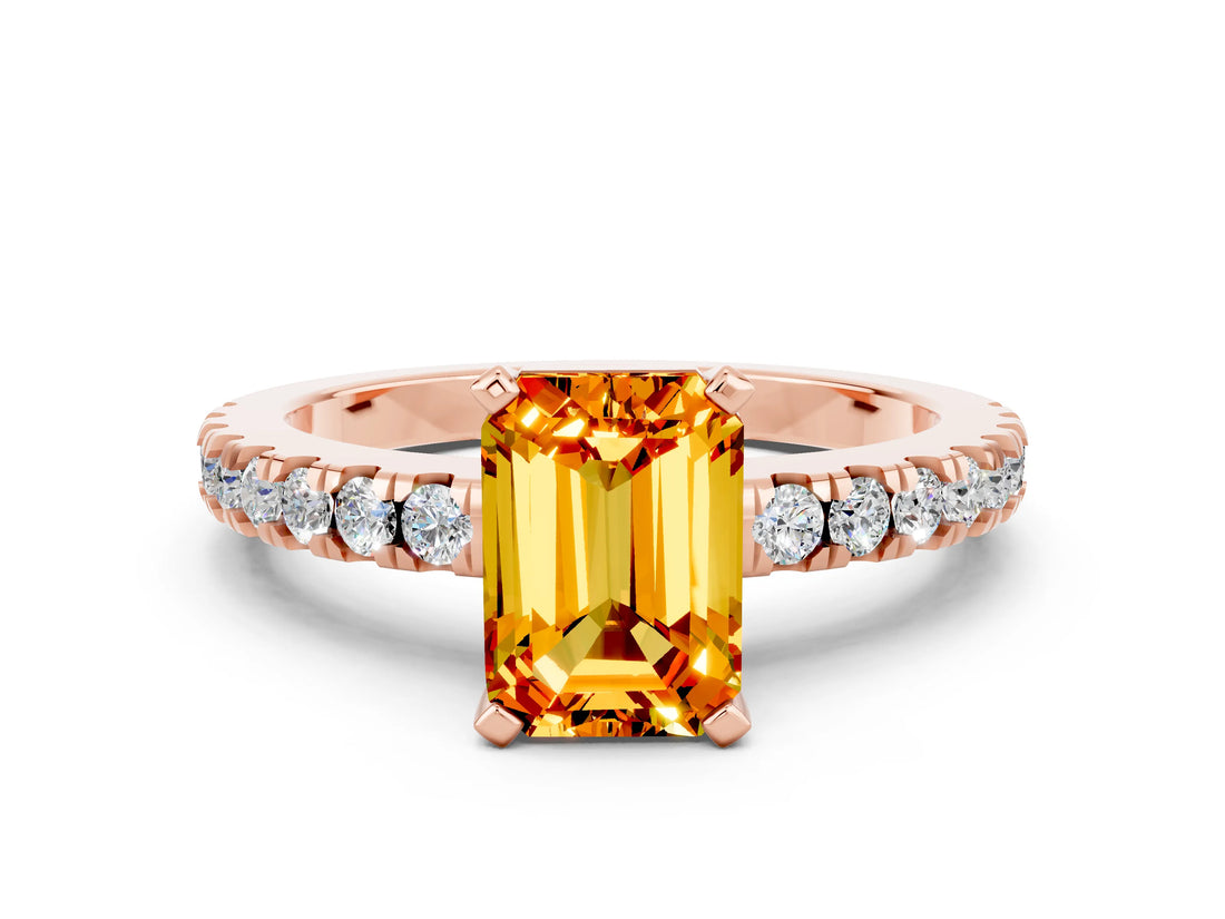 Rose gold Emerald Cut Solitaire Diamond with Pavé Band and Four-Prong Setting