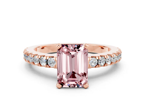 Rose gold Emerald Cut Solitaire Diamond with Pavé Band and Four-Prong Setting