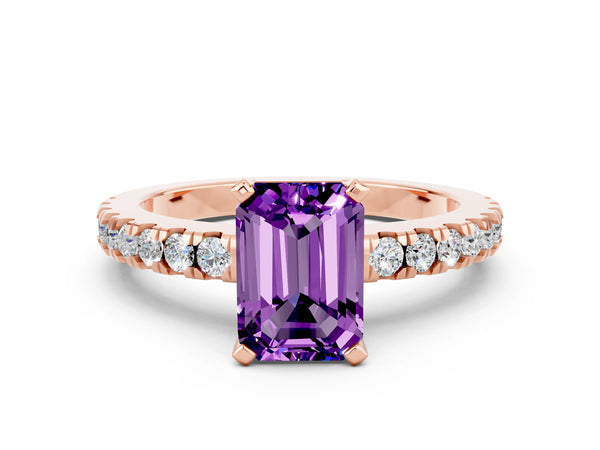 Rose gold Emerald Cut Solitaire Amethyst with Pavé Band and Four-Prong Setting