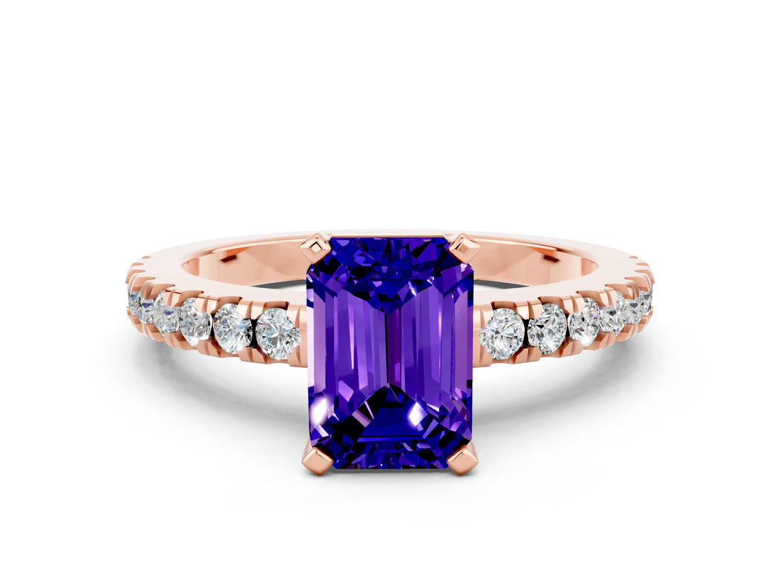 Rose gold Emerald Cut Solitaire Diamond with Pavé Band and Four-Prong Setting