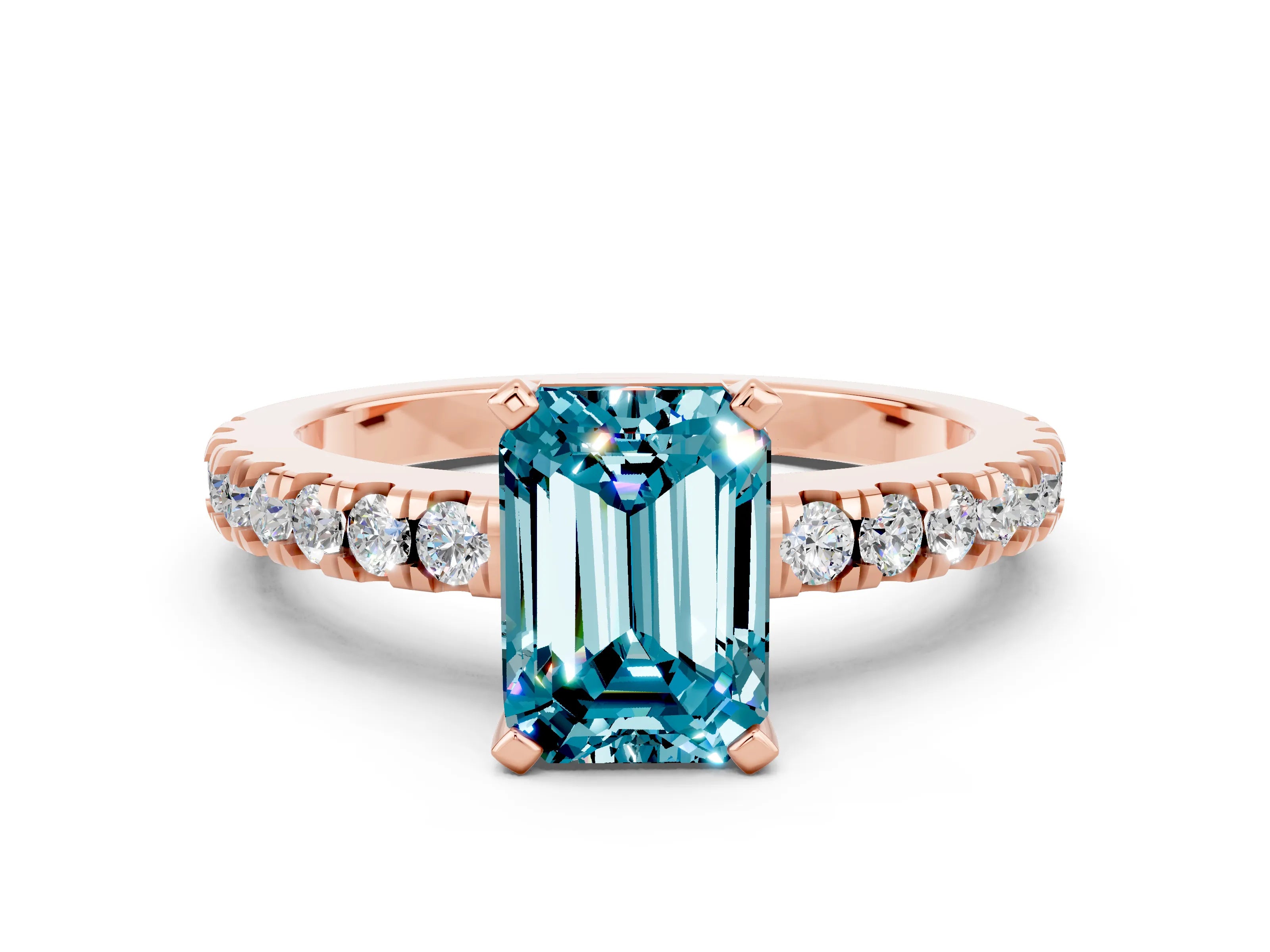Rose gold Emerald Cut Solitaire Diamond with Pavé Band and Four-Prong Setting