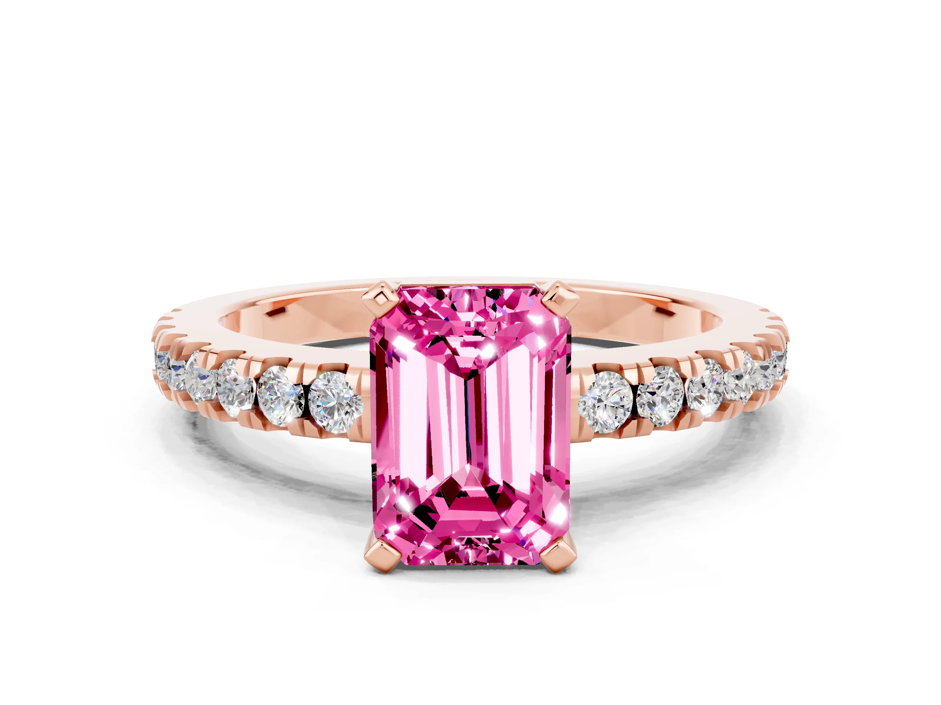 Rose gold Emerald Cut Solitaire Diamond with Pavé Band and Four-Prong Setting