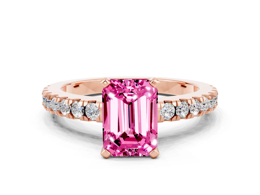 Rose gold Emerald Cut Solitaire Diamond with Pavé Band and Four-Prong Setting