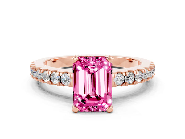 Rose gold Emerald Cut Solitaire Pink Sapphire with Pavé Band and Four-Prong Setting