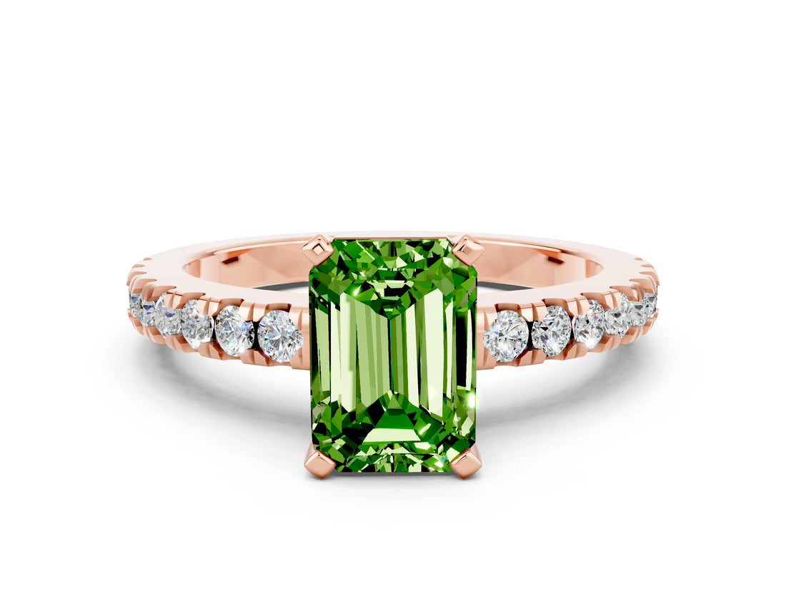 Rose gold Emerald Cut Solitaire Diamond with Pavé Band and Four-Prong Setting