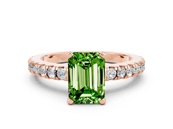 Rose gold Emerald Cut Solitaire Peridot with Pavé Band and Four-Prong Setting