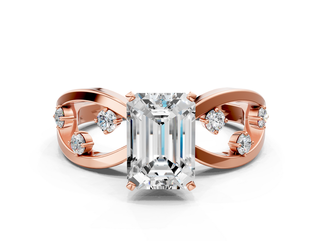 Rose gold Emerald Cut Solitaire Diamond with Side Stones on Criss-Cross Band and Four-Prong Setting_17