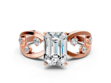 Rose gold Emerald Cut Solitaire Diamond with Side Stones on Criss-Cross Band and Four-Prong Setting_17