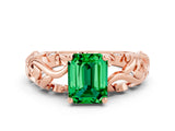 Rose gold Emerald Cut Solitaire Emerald Leaf-Inspired Vine Band Ring with Prong Setting
