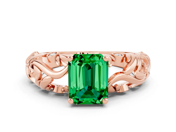 Rose gold Emerald Cut Solitaire Emerald Leaf-Inspired Vine Band Ring with Prong Setting