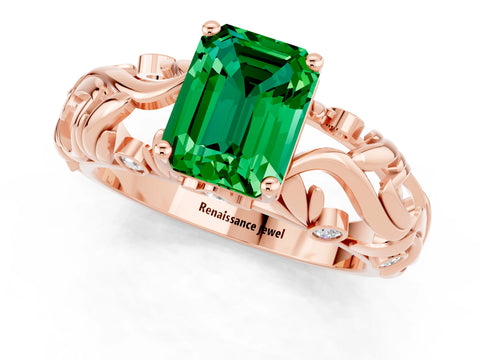 Rose gold Emerald Cut Solitaire Emerald Leaf-Inspired Vine Band Ring with Prong Setting_1