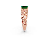 Rose gold Emerald Cut Solitaire Emerald Leaf-Inspired Vine Band Ring with Prong Setting_2