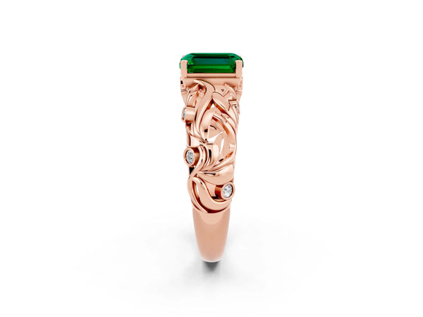 Rose gold Emerald Cut Solitaire Emerald Leaf-Inspired Vine Band Ring with Prong Setting