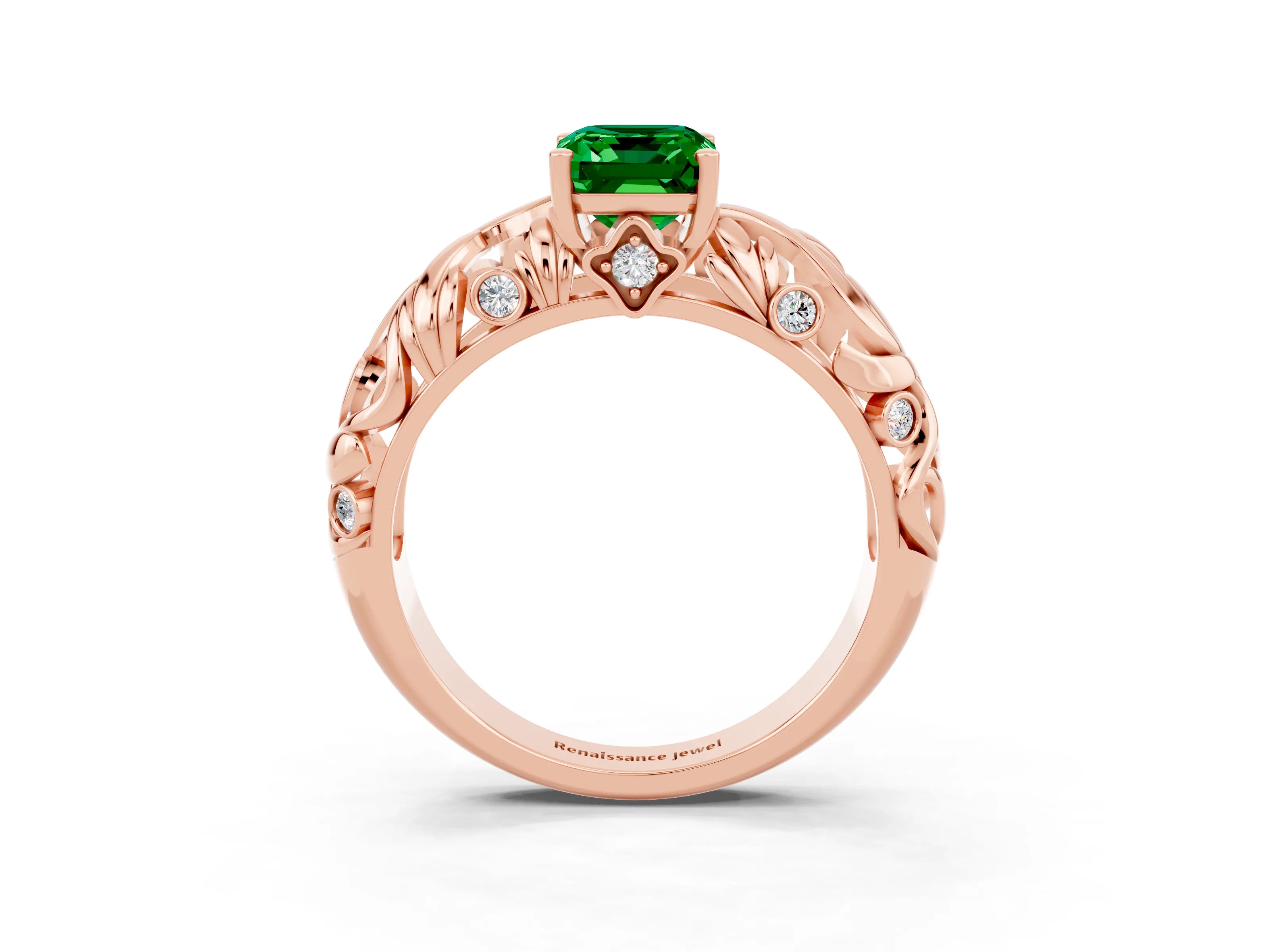 Rose gold Emerald Cut Solitaire Emerald Leaf-Inspired Vine Band Ring with Prong Setting_3