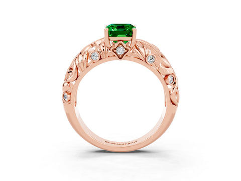 Rose gold Emerald Cut Solitaire Emerald Leaf-Inspired Vine Band Ring with Prong Setting_3