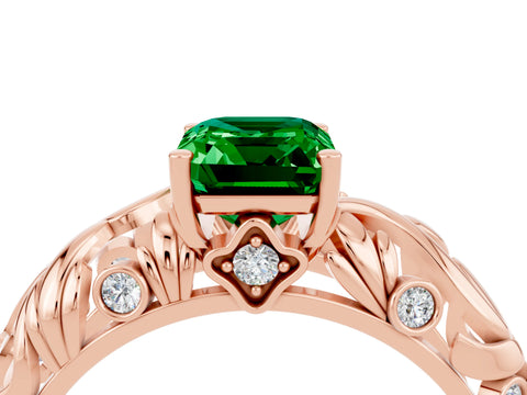 Rose gold Emerald Cut Solitaire Emerald Leaf-Inspired Vine Band Ring with Prong Setting_4