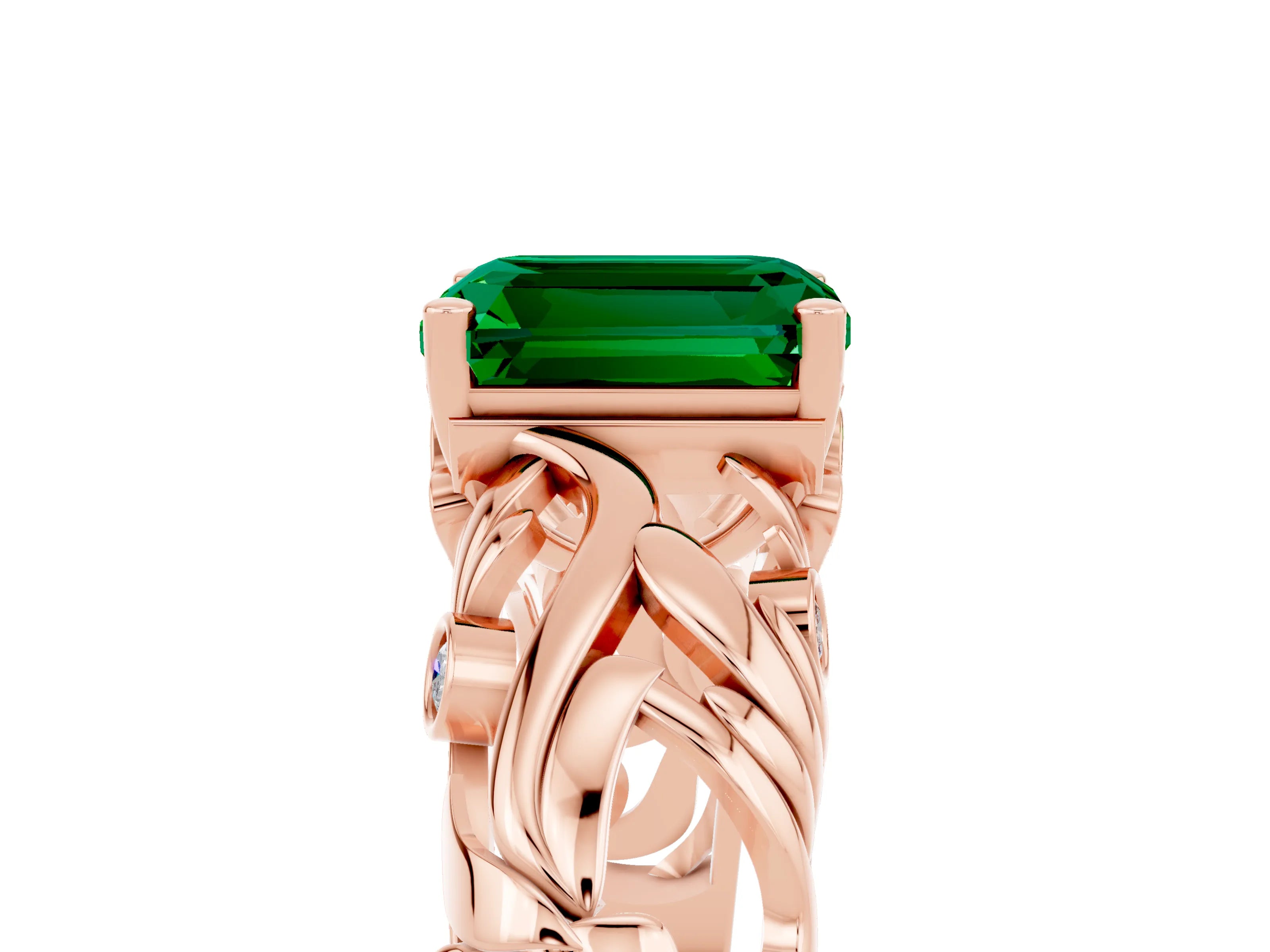 Rose gold Emerald Cut Solitaire Emerald Leaf-Inspired Vine Band Ring with Prong Setting_5