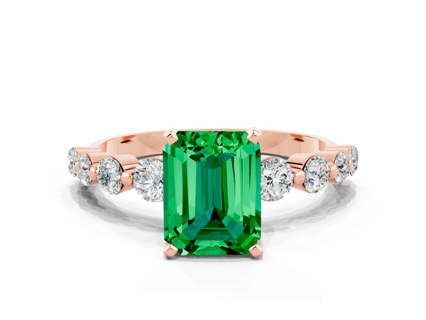 Rose gold Emerald Cut Solitaire Emerald Ring with Pave Band and Four-Prong Setting