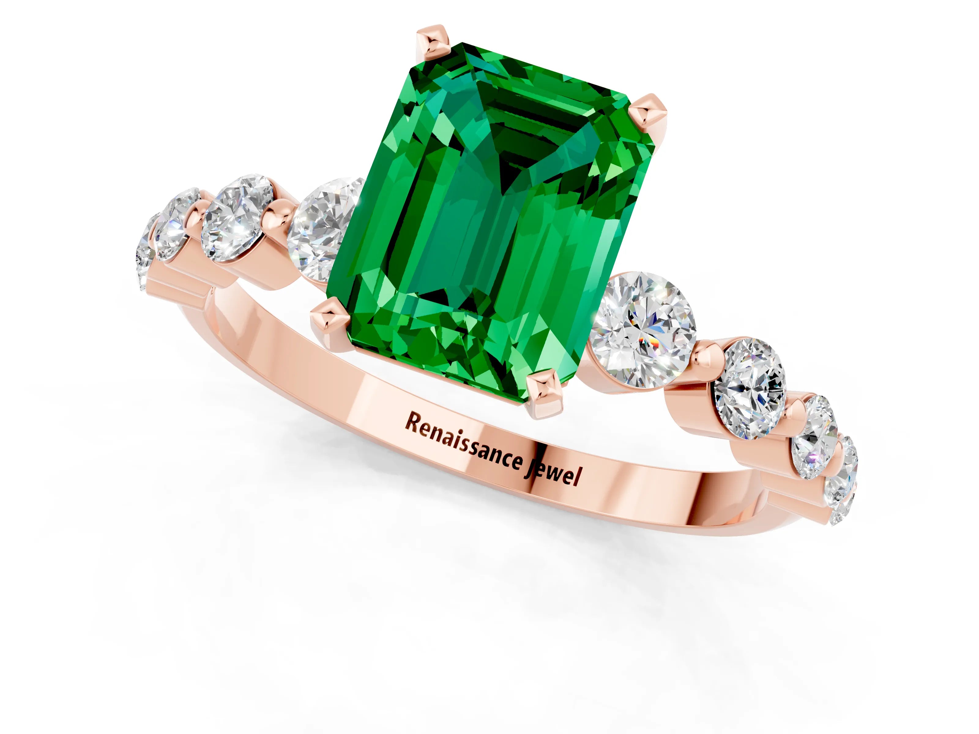 Rose gold Emerald Cut Solitaire Emerald Ring with Pave Band and Four-Prong Setting_1