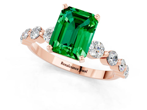 Rose gold Emerald Cut Solitaire Emerald Ring with Pave Band and Four-Prong Setting_1