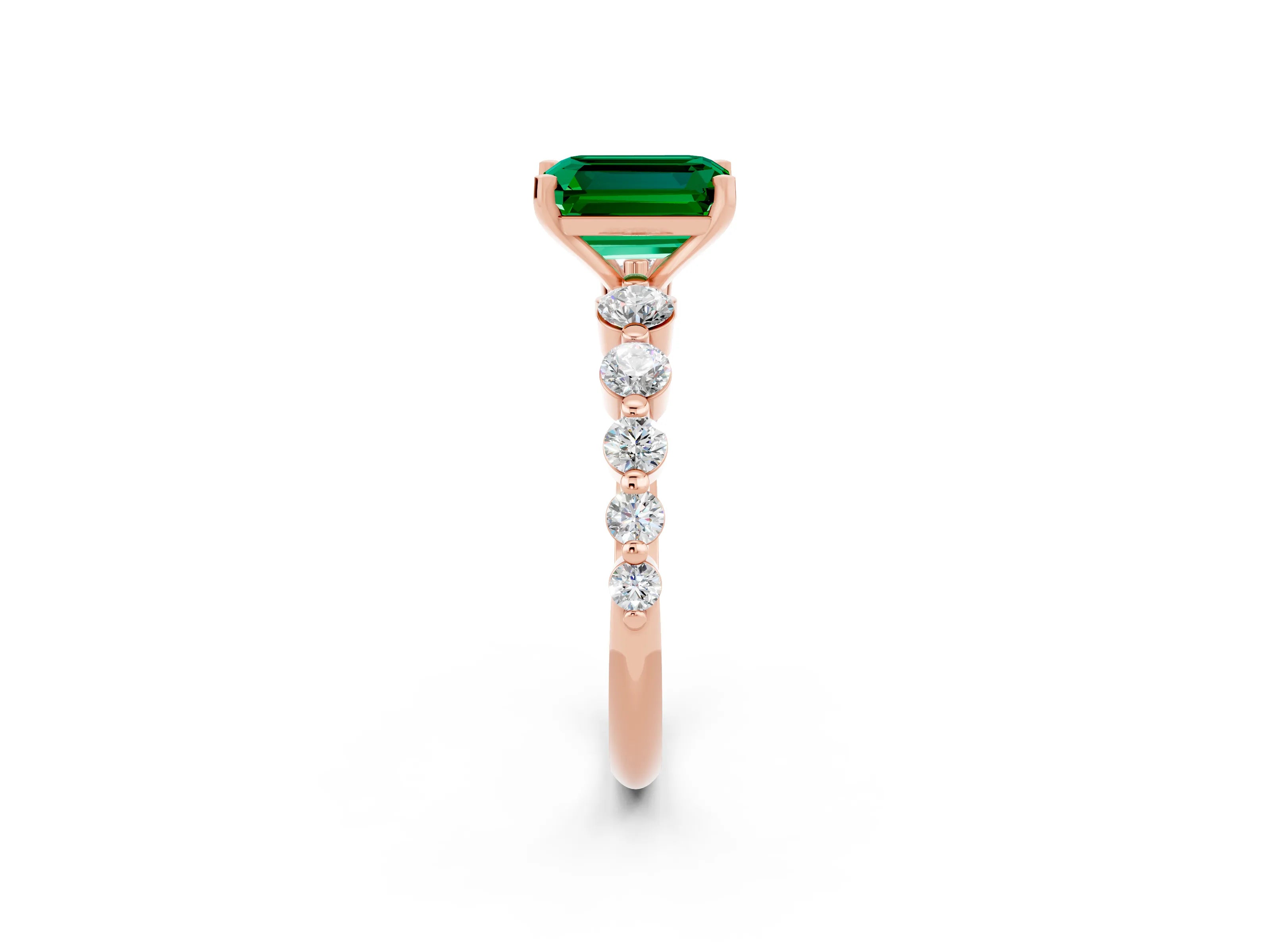 Rose gold Emerald Cut Solitaire Emerald Ring with Pave Band and Four-Prong Setting_2