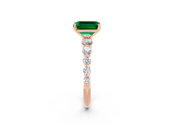 Rose gold Emerald Cut Solitaire Emerald Ring with Pave Band and Four-Prong Setting