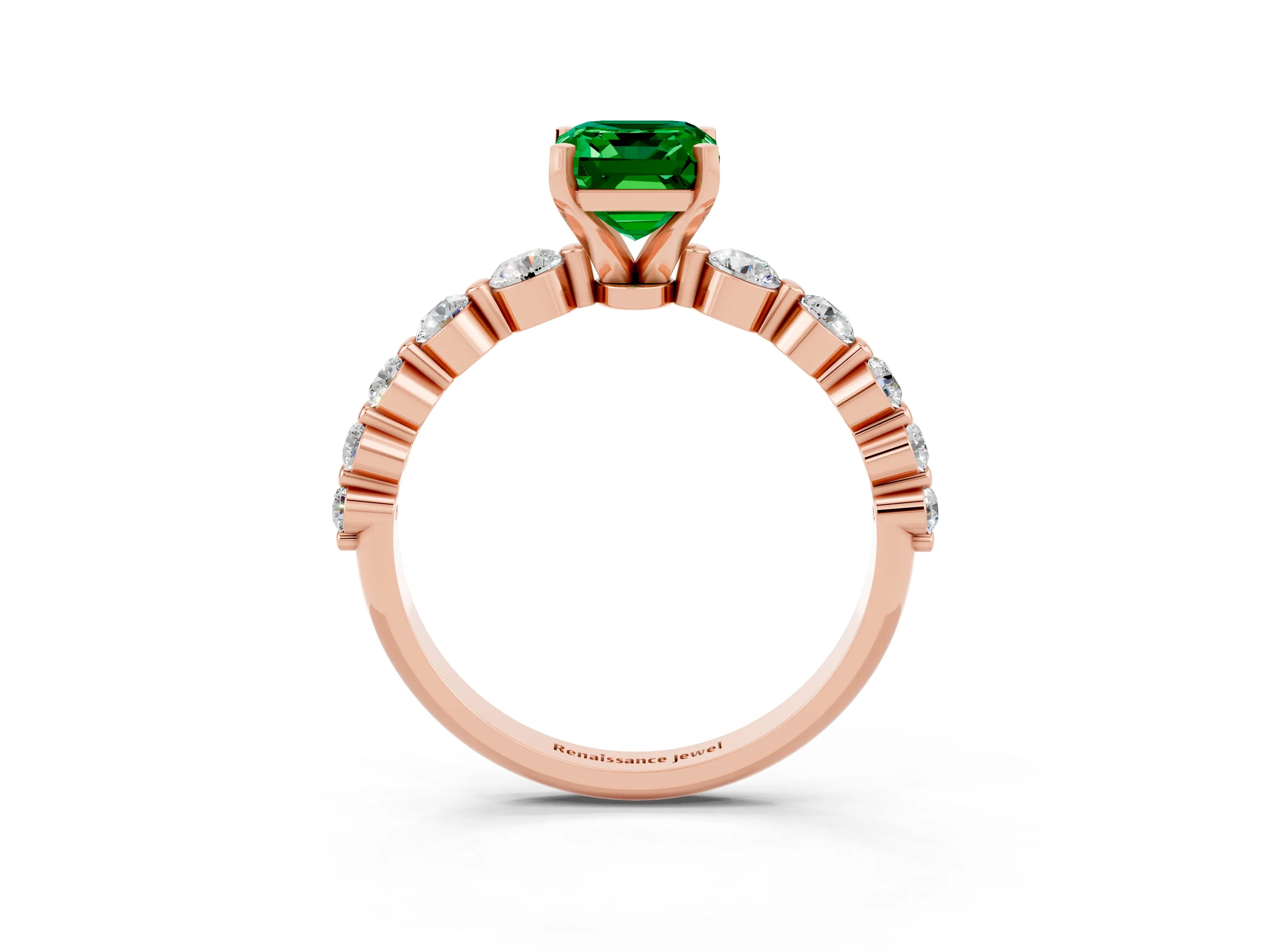 Rose gold Emerald Cut Solitaire Emerald Ring with Pave Band and Four-Prong Setting_3