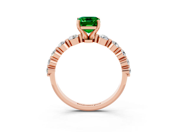 Rose gold Emerald Cut Solitaire Emerald Ring with Pave Band and Four-Prong Setting