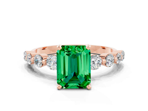 Rose gold Emerald Cut Solitaire Emerald Ring with Pave Band and Four-Prong Setting