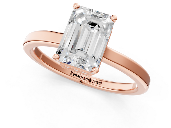 Rose gold Emerald Cut Solitaire Engagement Ring with Four-Prong Setting on a Classic Band
