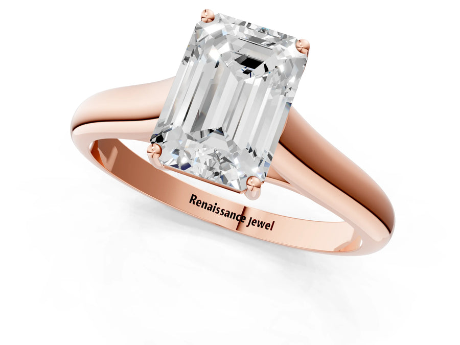 Rose gold Emerald Cut Solitaire Engagement Ring with Tapered Band and Four-Prong Setting