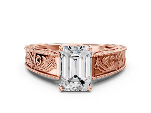 Rose gold Emerald Cut Diamond Solitaire Ring with Engraved Band and Four-Prong Setting