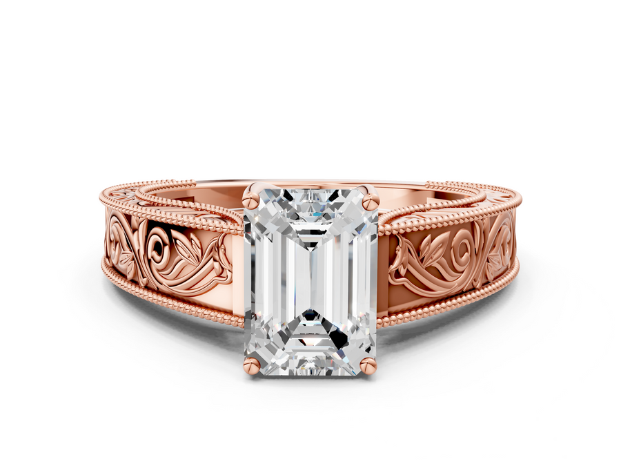Rose gold Emerald Cut Diamond Solitaire Ring with Engraved Band and Four-Prong Setting