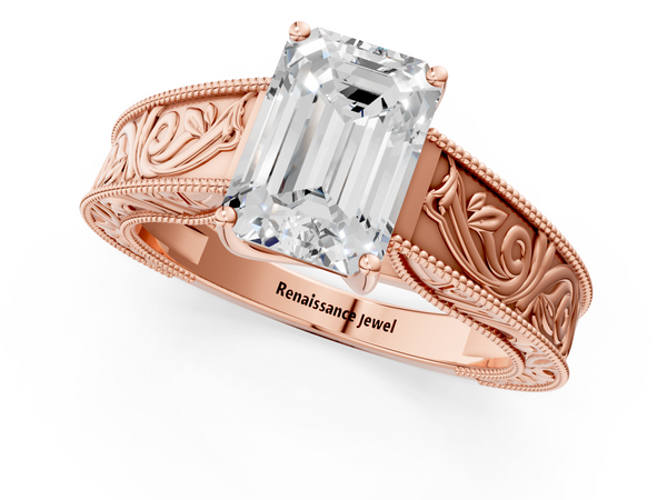 Rose gold Emerald Cut Diamond Solitaire Ring with Engraved Band and Four-Prong Setting